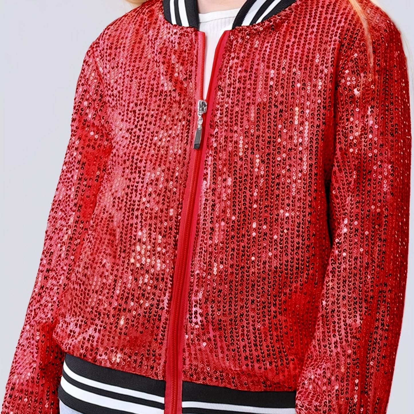 Lightweight Sparkle Mebius Girls Sequin Bomber Jacket - Zipper Long Sleeve with Pockets - For Kid 6-12Y