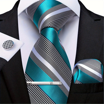 [Blue Silk Striped Wedding Ties] Men'S Ties Designer Blue Silvery Silk Striped Wedding Ties Necktie Cufflink Clip Set