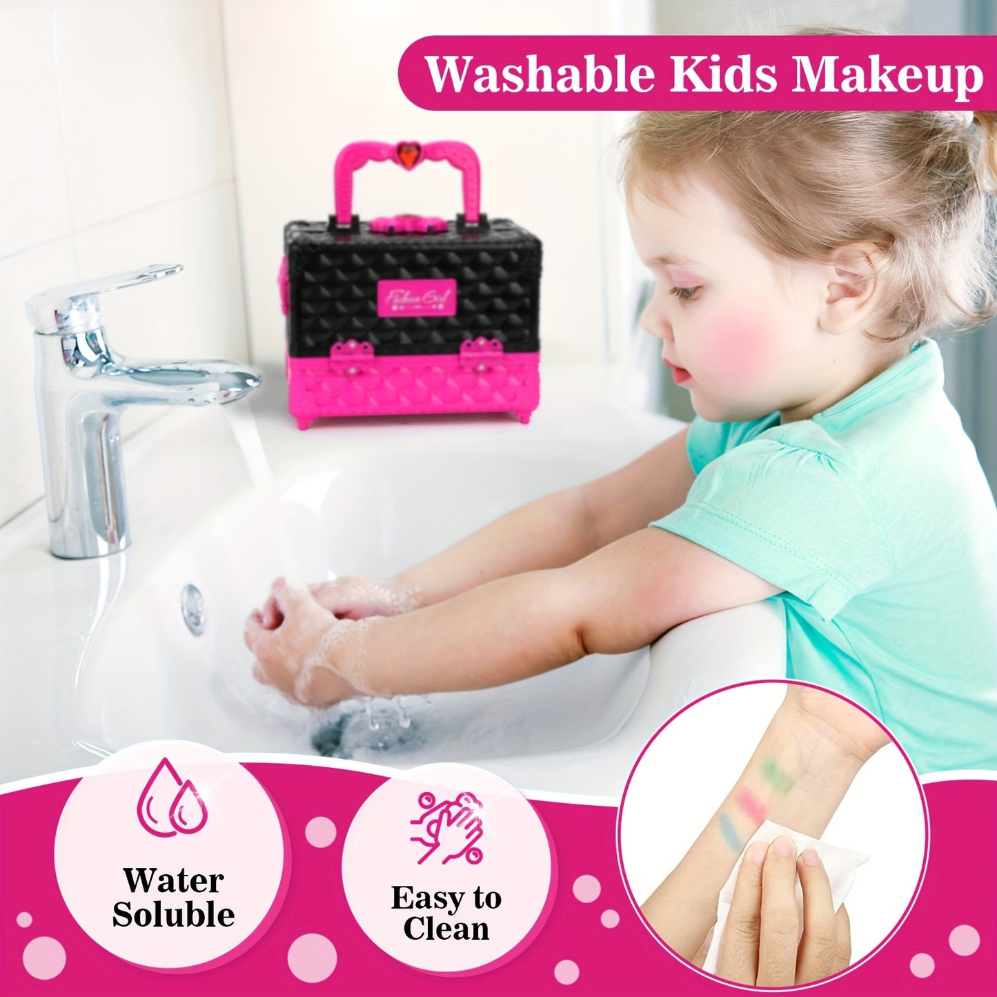 45pcs Girls Makeup Playset - Washable Cosmetic Kit with Accessories for Ages 3-6