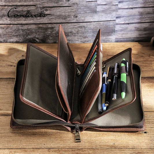 CONTACT'S Men's Clutch Bag Large Capacity Genuine Leather Male Wallet Bag Zipper Card Purse Document Holder Passport Cover Walet