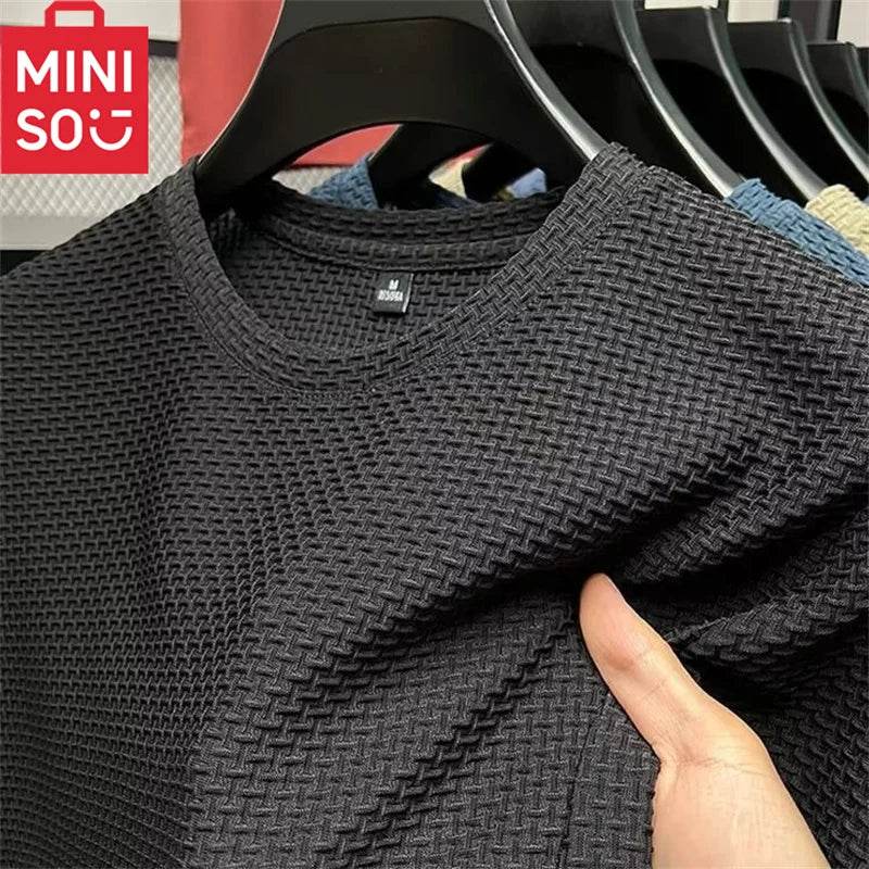 MINISO Bamboo Mesh Ice Silk T-shirt Men's Short sleeved Round Neck New T-sleeved Men's Bottom Shirt Summer Solid Color Men's Top - ZOOMNSTORE