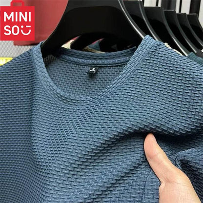 MINISO Bamboo Mesh Ice Silk T-shirt Men's Short sleeved Round Neck New T-sleeved Men's Bottom Shirt Summer Solid Color Men's Top - ZOOMNSTORE