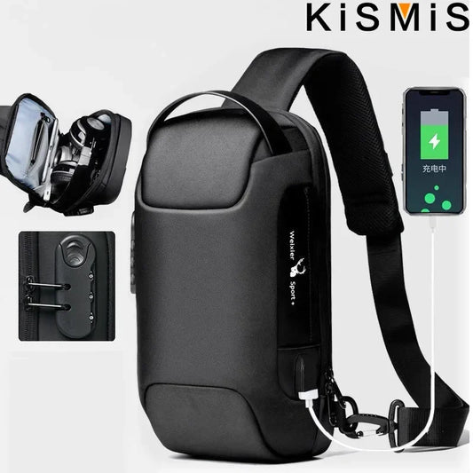 Fashionable Mens Chest Bag Waterproof Crossbody Shoulder Travel Bag with Anti-Theft USB