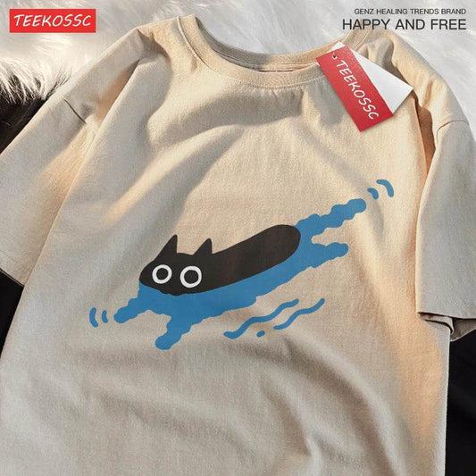 Couple Tees Swimming Black Cat Diving Shoulder Short Sleeved T-shirt For Men Women Breathable Casual Pure Cotton Loose Tops - ZOOMNSTORE