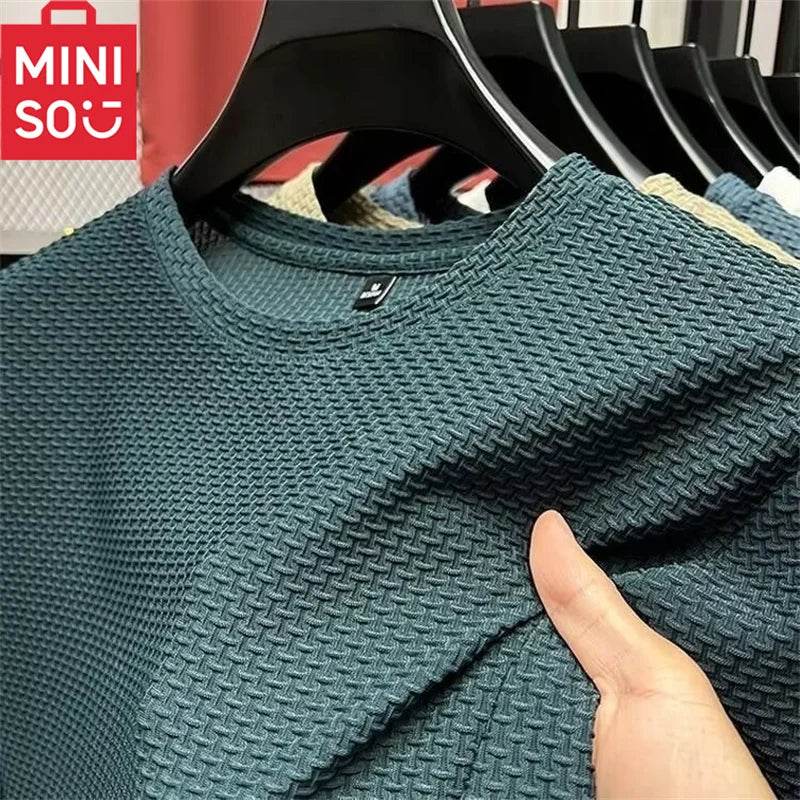 MINISO Bamboo Mesh Ice Silk T-shirt Men's Short sleeved Round Neck New T-sleeved Men's Bottom Shirt Summer Solid Color Men's Top - ZOOMNSTORE