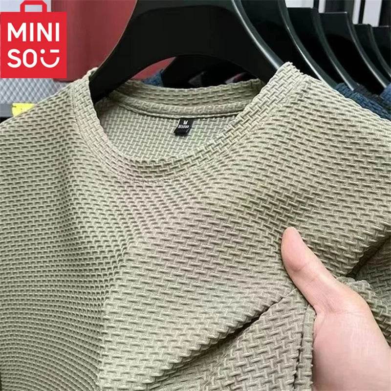 MINISO Bamboo Mesh Ice Silk T-shirt Men's Short sleeved Round Neck New T-sleeved Men's Bottom Shirt Summer Solid Color Men's Top - ZOOMNSTORE