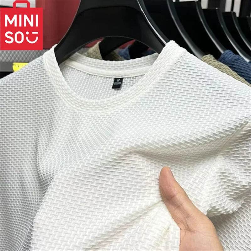 MINISO Bamboo Mesh Ice Silk T-shirt Men's Short sleeved Round Neck New T-sleeved Men's Bottom Shirt Summer Solid Color Men's Top - ZOOMNSTORE