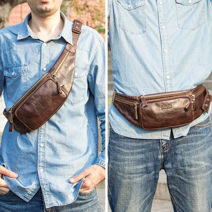 Genuine Leather Fanny Pack - Mens Casual Waist Bag for Travel and Essentials