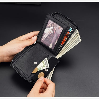 Black Wallet Men&#39;s Short Retro Anti-theft Wallet Card Holder Zipper Coin Purse