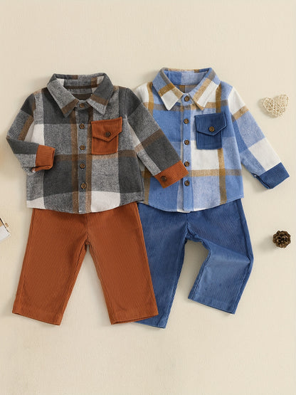 236.22inch-5T Kids Baby Boy Fall Outfits Classic Long Sleeve Plaid Print Jacket + Corduroy Pants Set Kid Clothes