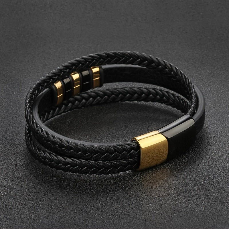 1pc Stylish Men's Multi-Layer Braided Faux Leather Bracelet with Magnetic Clasp, Vintage Punk Style - Ideal Holiday Gift Accessory