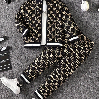 2pcs Autumn Winter Geometric Pattern Boy's Trendy Co Ord Set - Long Sleeve Stand Collar Zip-up Jacket & Elastic Waistband Trousers