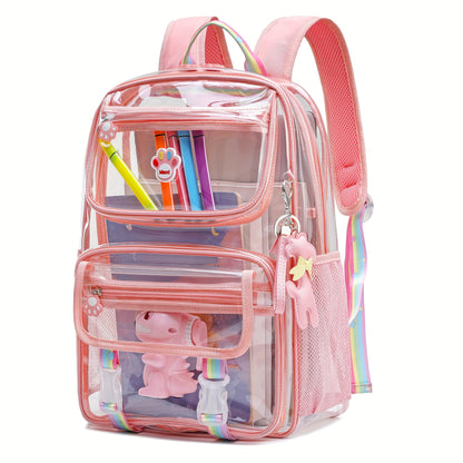 Pink Clear Backpack - Durable Waterproof School Bag with 2 Front Pockets  Cartoon Stickers