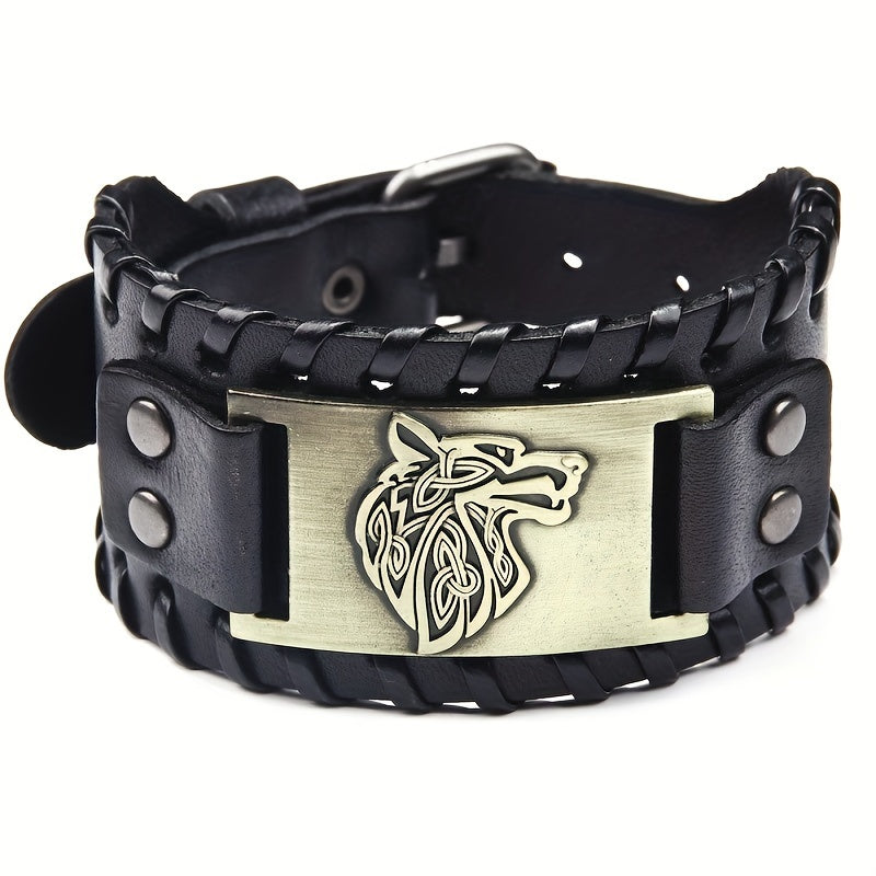 1pc Men's Fashion Wolf Head Pattern Bracelet, Retro Punk Braided Adjustable PU Leather Bracelet, Holiday Gift Jewelry