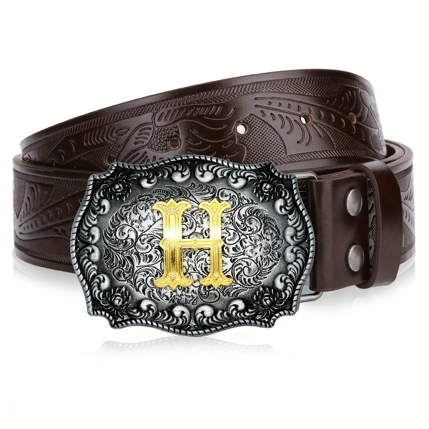 Mens' Western Cowboy Embossed Floral PU Leather Belt - Longhorn Bull Pattern Letter Big Buckle Belt - Stylish, Durable, and Adjustable Belts for Men - ZOOMNSTORE