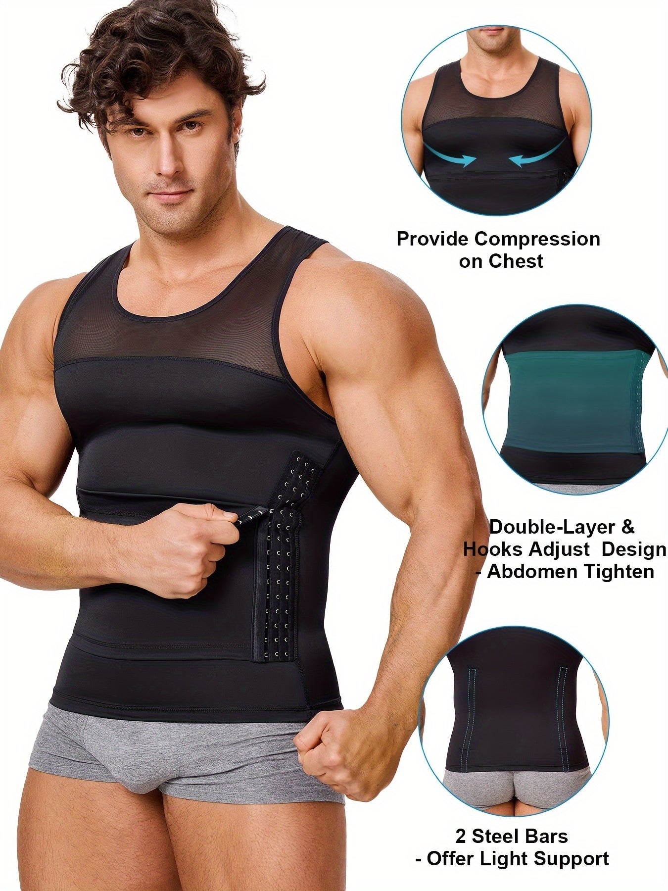 Adjustable Compression Vest For Back Support - Mens Shapewear With Hooks For Tummy Control And Body Shaping