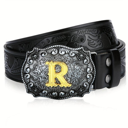 Mens' Western Cowboy Embossed Floral PU Leather Belt - Longhorn Bull Pattern Letter Big Buckle Belt - Stylish, Durable, and Adjustable Belts for Men - ZOOMNSTORE