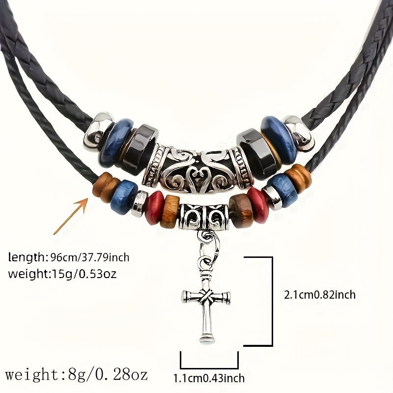 [Double Layer Tribal Necklace with Cross] Double Layer Black Tribal Necklace Vintage Braided Faux PU Leather Necklace with Pendant Cross Pendant