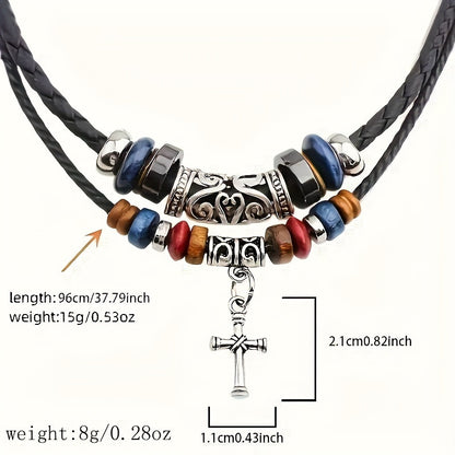 [Double Layer Tribal Necklace with Cross] Double Layer Black Tribal Necklace Vintage Braided Faux PU Leather Necklace with Pendant Cross Pendant