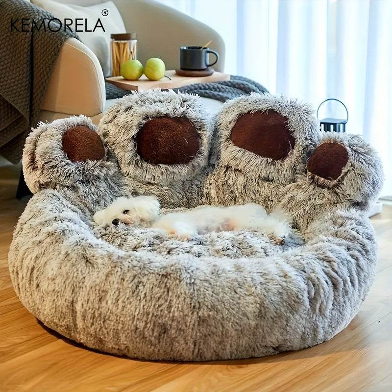 Cozy Bear Paw-Shaped Plush Pet Bed - Modern Gray with Brown Accents, Non-Slip Bottom, Soft & Warm Polyester Nest for Small Cats and Dogs - ZOOMNSTORE