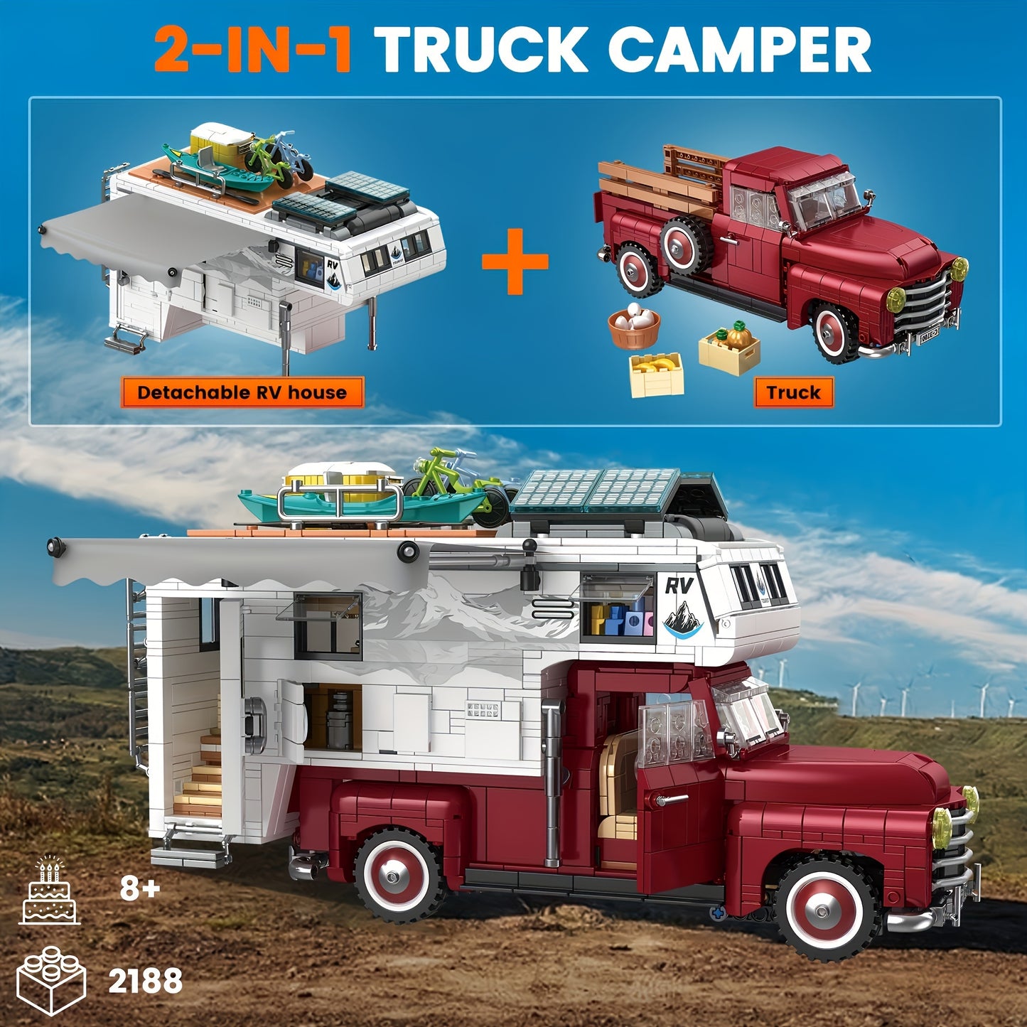 Camper Van Building Set - 2188 Pcs 2 in 1 Compatible with LEGO RVs  Pickup Trucks for Teens and Adults