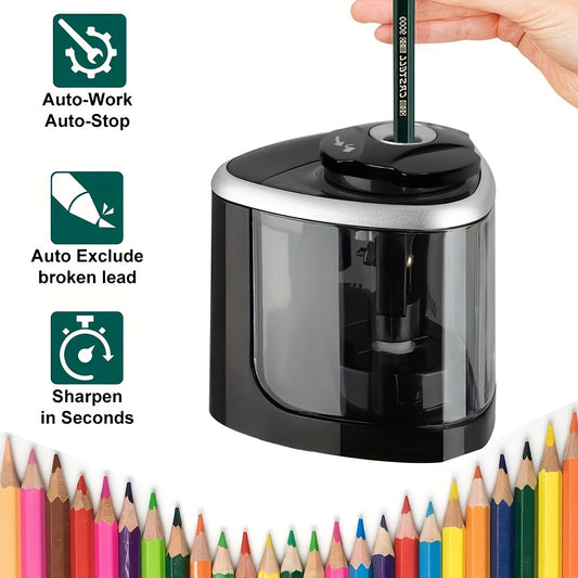 Sleek Black Design| Sleek Black Electric Pencil Sharpener with Auto-Stop Feature - Desktop Automatic Sharpening, No Battery Needed, Perfect for Office & Home Use, Office Stationery|Modern Sharpener|Easy Cleanup Sharpener