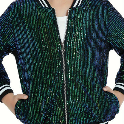 Lightweight Sparkle Mebius Girls Sequin Bomber Jacket - Zipper Long Sleeve with Pockets - For Kid 6-12Y