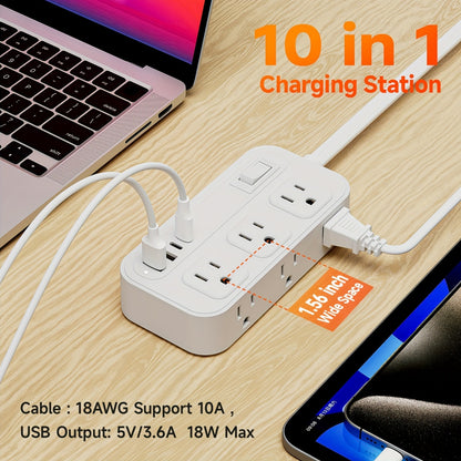 Flat Plug Surge Protector Outlet Extender Power Strip with 5 Ft Thin Flat Extension Cord, 6 Widely Distributed AC Outlets, 4 USB Charging Ports (2 USB A & 2 USB C), Desk Charging Station, Compact Power Strip Outlet Extender F