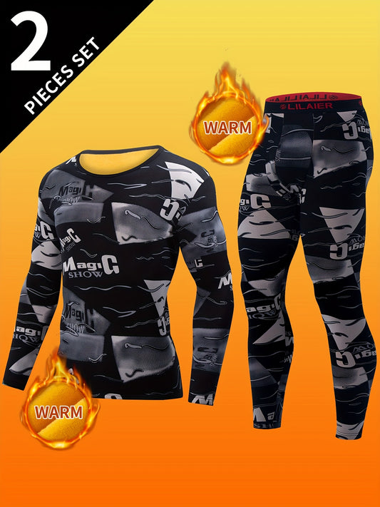 [2pcs Thermal Underwear Set Slight] Men'S 2pcs Thermal Underwear Set with Long Sleeve Top and Pants, 95% Polyester 5% Elastane, Slight Stretch, All Over Print, Knit Fabric, Casual Innerwear for Autumn and Winter