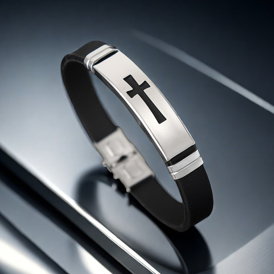 Minimalist Stainless Steel 1pc Cross Silicone Men's Bracelet - Personalized Punk Style Wristband, Holiday Gift