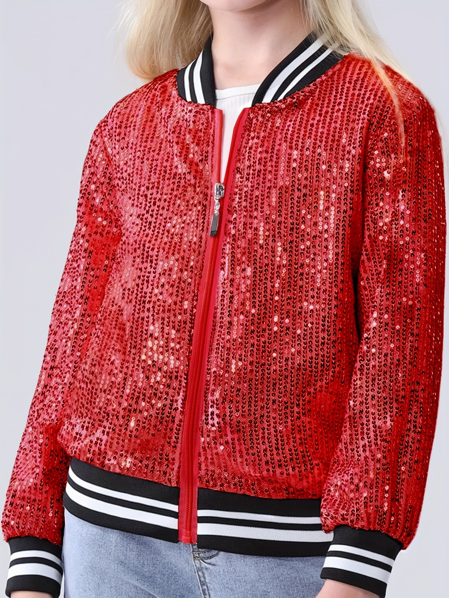 Lightweight Sparkle Mebius Girls Sequin Bomber Jacket - Zipper Long Sleeve with Pockets - For Kid 6-12Y