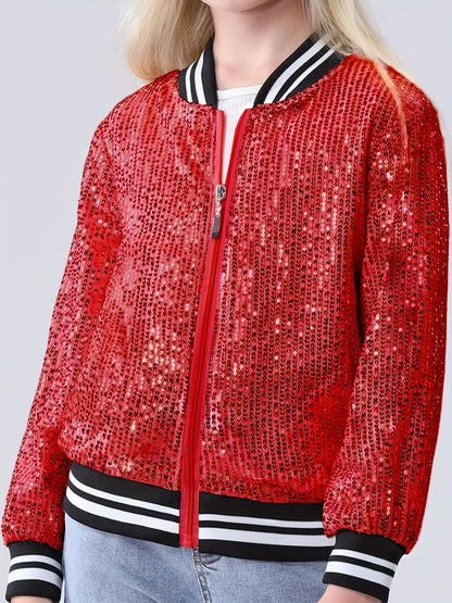 Lightweight Sparkle Mebius Girls Sequin Bomber Jacket - Zipper Long Sleeve with Pockets - For Kid 6-12Y