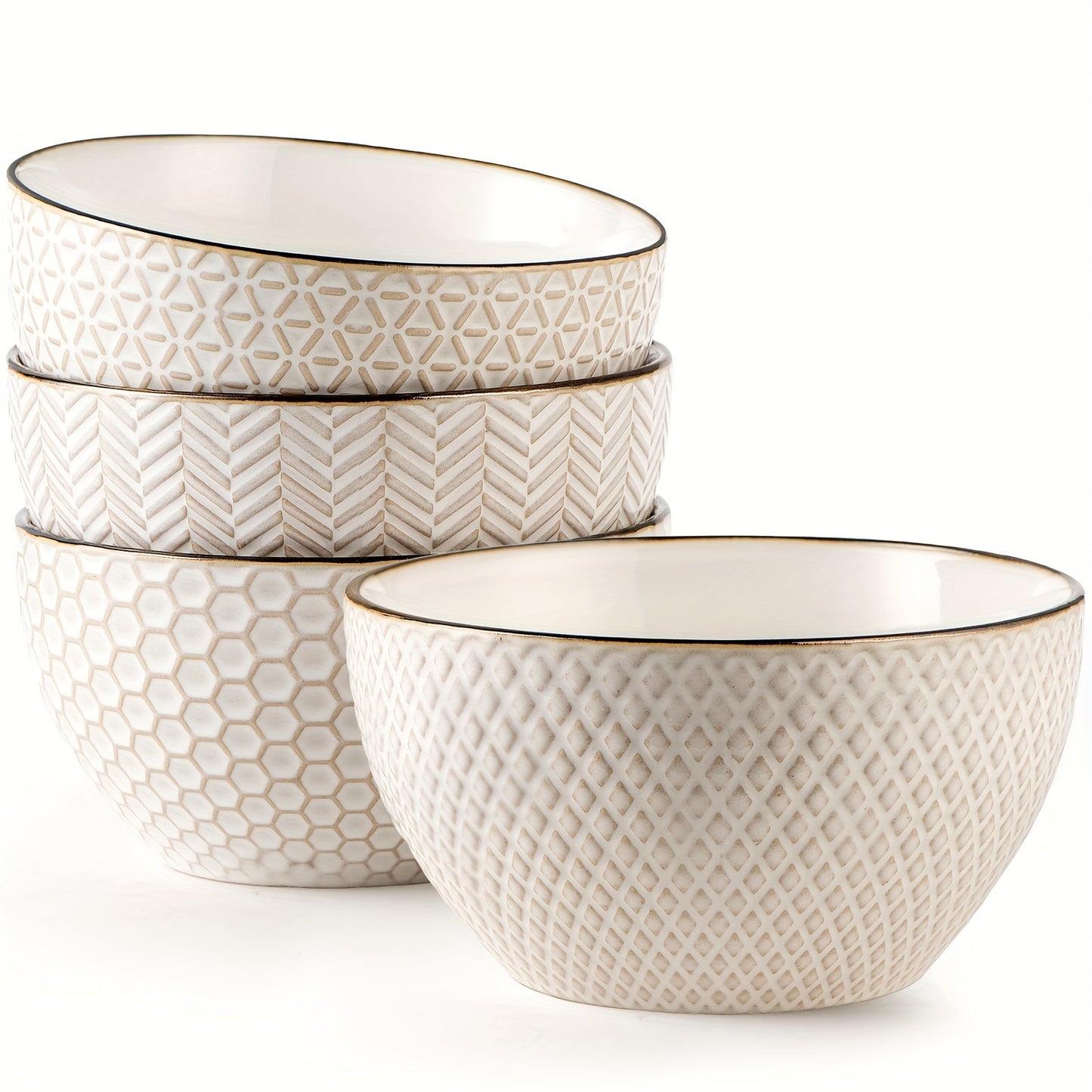 Gooditour Ceramic Cereal Bowls Set - 26 Oz Embossed Soup Bowl - 6 Inch Stoneware Kitchen Bowl for Oatmeal Salad Dessert Rice - Microwave Dishwasher Oven Safe - Set of 4 - White