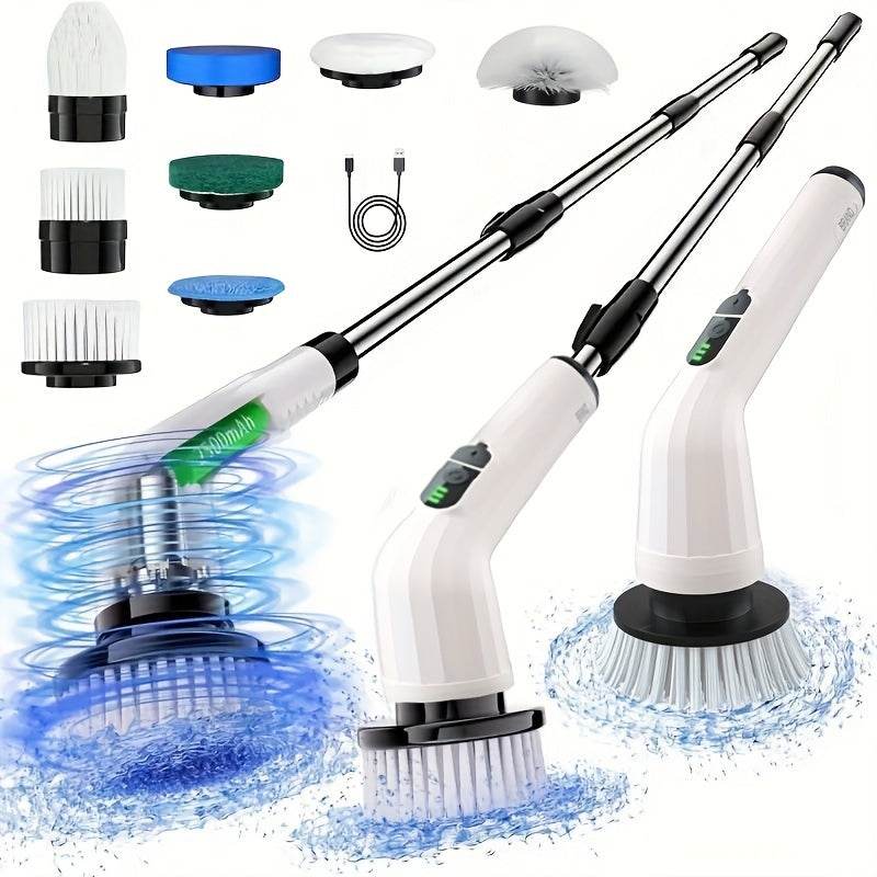 1pc Cordless Electric Rotary Scrubber Pro with 7 Interchangeable Brush Heads, Dual Speed, Telescopic Handle, Battery Level Indicator, USB Rechargeable 2000mAh Lithium Battery, Medium Firmness, Reusable Attachment for Kitchen, - ZOOMNSTORE