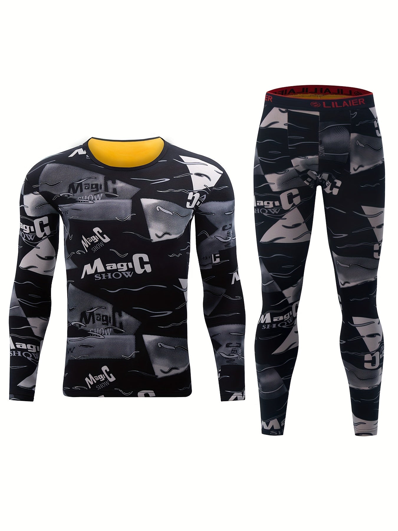 [2pcs Thermal Underwear Set Slight] Men'S 2pcs Thermal Underwear Set with Long Sleeve Top and Pants, 95% Polyester 5% Elastane, Slight Stretch, All Over Print, Knit Fabric, Casual Innerwear for Autumn and Winter