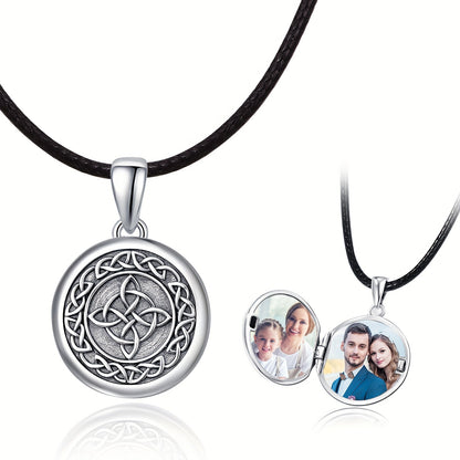 Celtic Knot Photo Locket Necklace - S925 Sterling Silver Pendant for Men  Women