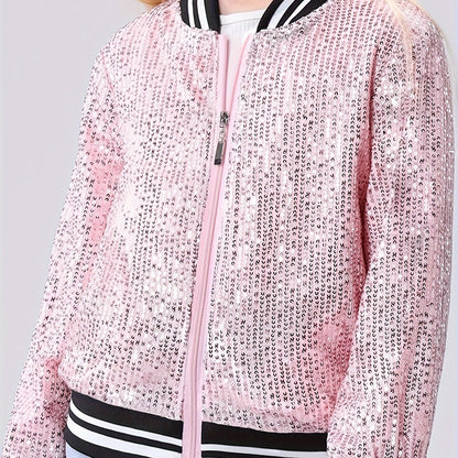 Lightweight Sparkle Mebius Girls Sequin Bomber Jacket - Zipper Long Sleeve with Pockets - For Kid 6-12Y