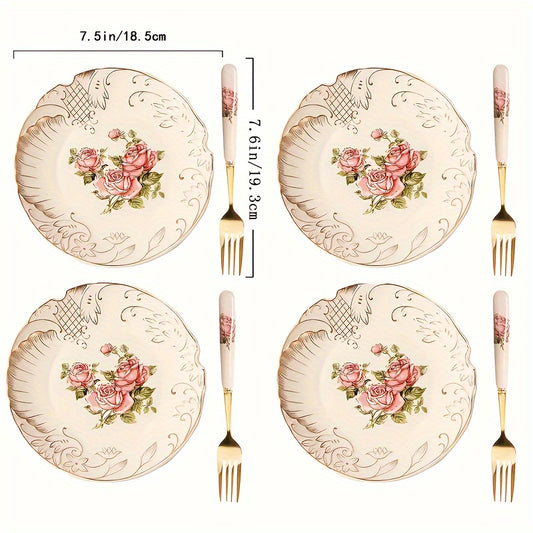 [4-Piece Golden Ceramic Cutlery Set] 4 sets of European ceramic cutlery with Golden plate Plate, fruit plate, dessert plate, steak plate, salad and fruit plate party set