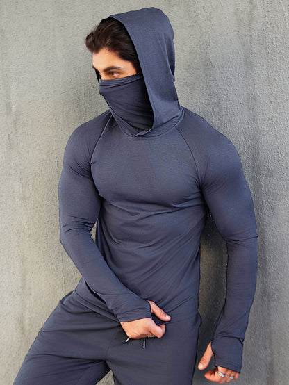 Men's Fitness Quick-Drying Hoodies With Face Mask, Compression Sweatshirts For Spring & Autumn, Men's Shapewear