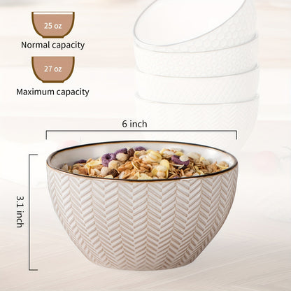 Gooditour Ceramic Cereal Bowls Set - 26 Oz Embossed Soup Bowl - 6 Inch Stoneware Kitchen Bowl for Oatmeal Salad Dessert Rice - Microwave Dishwasher Oven Safe - Set of 4 - White