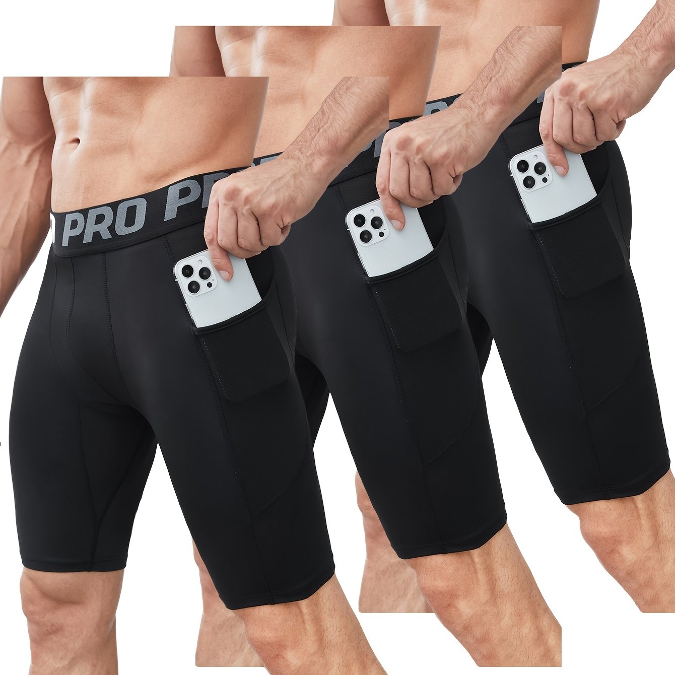 3pcs Set Men'S PRO Sports Compression Shorts, High Elasticity Polyester Knit Fabric, Skinny Fit with Pockets, Solid Color, Quick-Dry Yoga Training Bottomwear