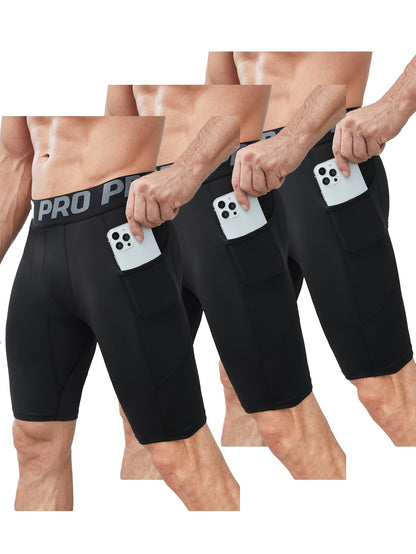 3pcs Set Men'S PRO Sports Compression Shorts, High Elasticity Polyester Knit Fabric, Skinny Fit with Pockets, Solid Color, Quick-Dry Yoga Training Bottomwear