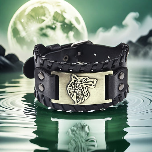 1pc Men's Fashion Wolf Head Pattern Bracelet, Retro Punk Braided Adjustable PU Leather Bracelet, Holiday Gift Jewelry