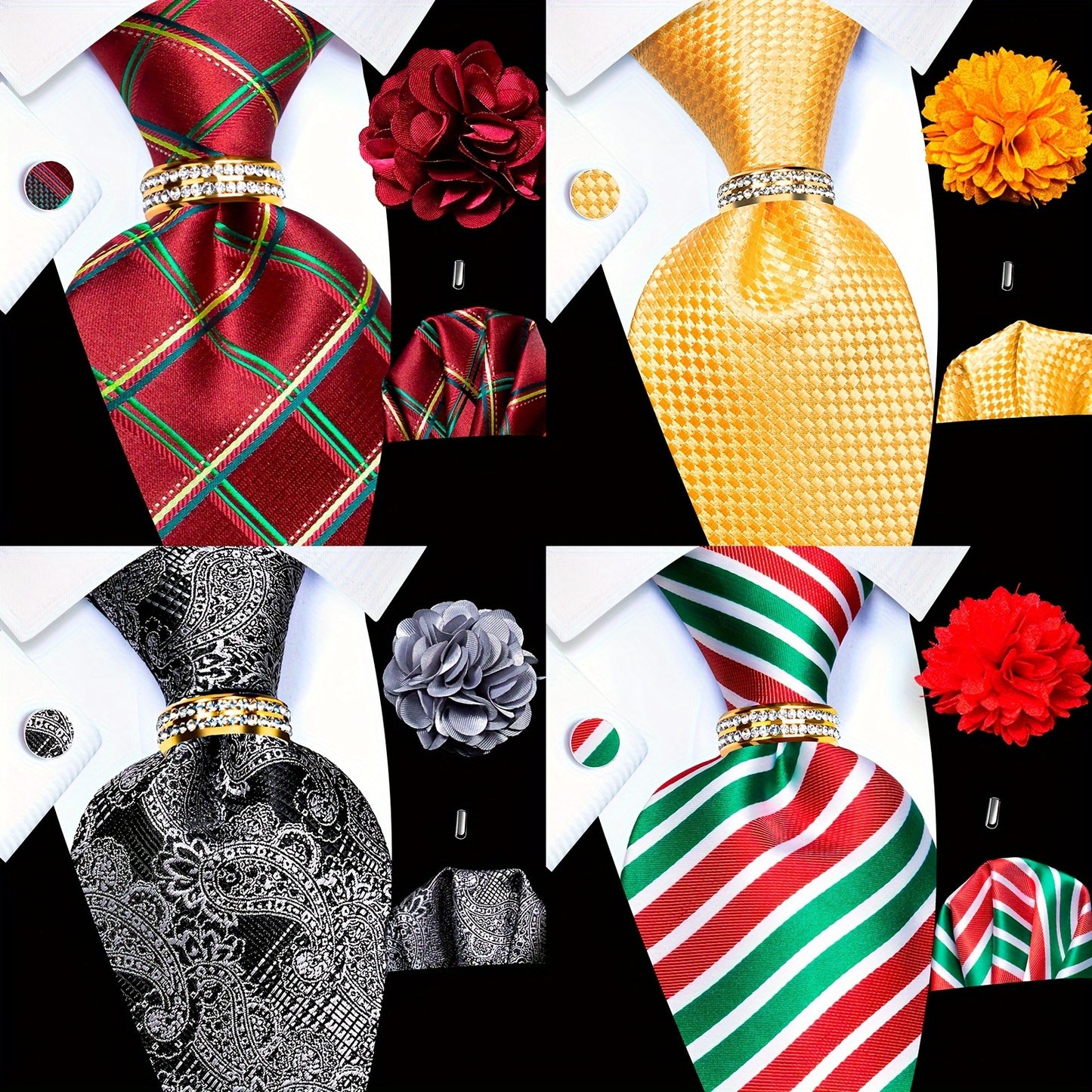 [5PCS Luxury Tie Set Elegant] 5PCS Men's Luxury Tie Set with Pocket Square, Cufflinks, Drilled Tie Ring, and Lapel Pin - Woven Polyester Designer Ties for Wedding, Groom, Party, and Festival - Elegant Gift for Men