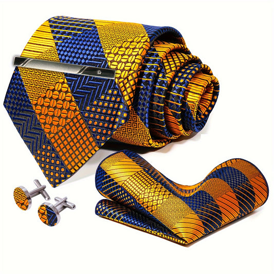 [4PCS Golden Plaid Tie Set] 4PCS Mens Tie with Pocket Square Cufflinks and Clip Set Golden and Blue Plaid Necktie for Wedding Party Business