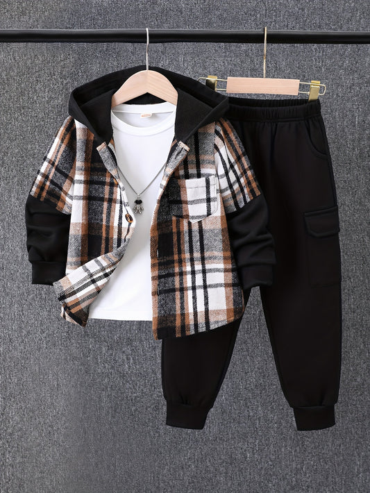 New Boys' 2pcs Fall Winter Plaid Cardigan Suit - Long-Sleeved Hooded Jacket and Fashion Work Pants for Outdoor