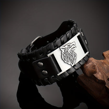 1pc Men's Fashion Wolf Head Pattern Bracelet, Retro Punk Braided Adjustable PU Leather Bracelet, Holiday Gift Jewelry