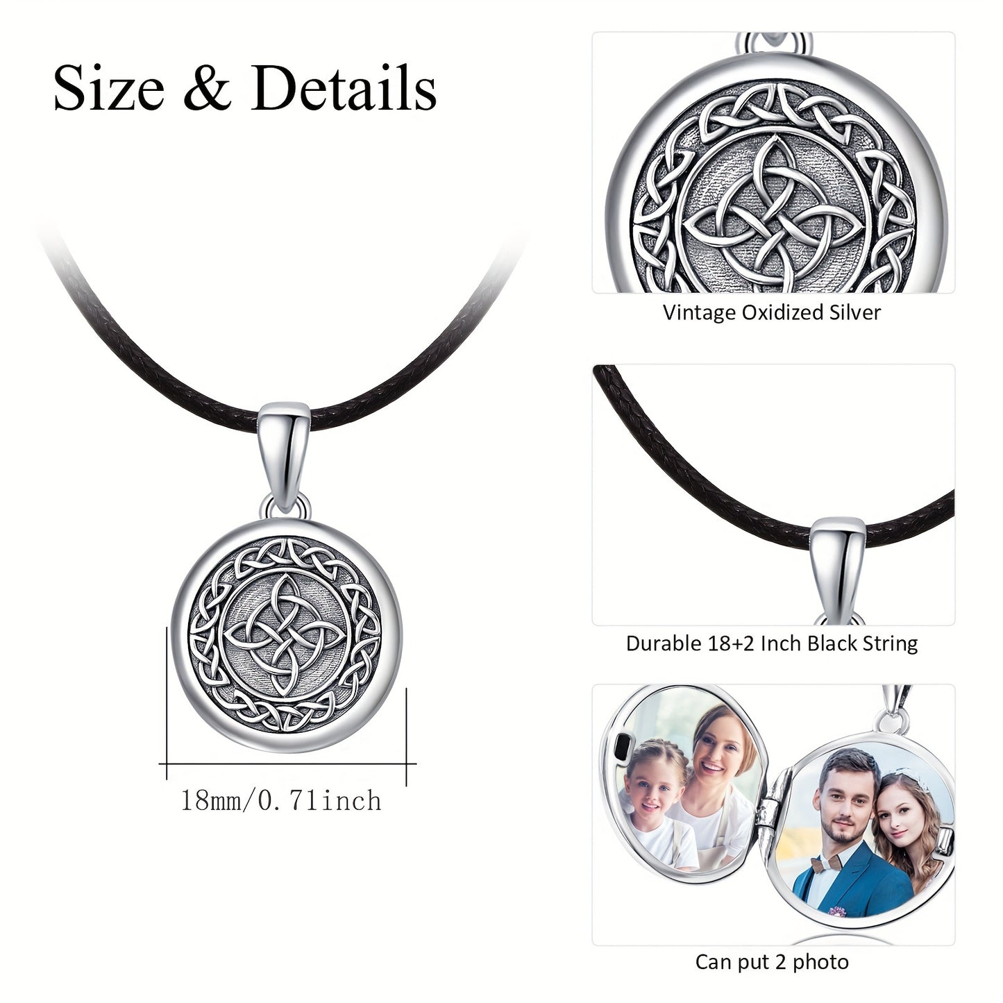 Celtic Knot Photo Locket Necklace - S925 Sterling Silver Pendant for Men  Women