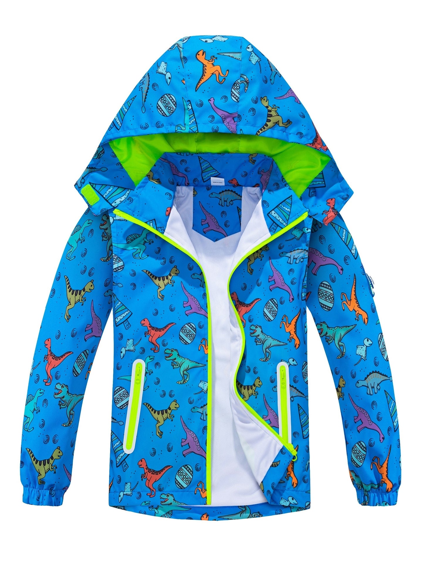 Waterproof Lightweight Boys Dinosaur Rain Jacket - Removable Hood Mesh Lined Hooded Raincoat Windbreaker for Kids