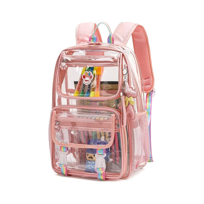 Pink Clear Backpack - Durable Waterproof School Bag with 2 Front Pockets  Cartoon Stickers